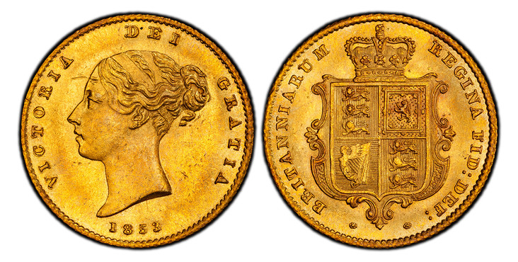 1086039 GREAT BRITAIN. Victoria. (Queen, 1837-1901). 1853 AV Half-Sovereign. PCGS MS62+.  VICTORIA DEI GRATIA. Head left / BRITANNIARUM REGINA FID: DEF:. Without die number. KM 735.1; SCBC-3859.

Please use this link to verify the PCGS certificati...