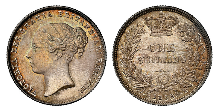 1084349 GREAT BRITAIN. Victoria. (Queen, 1837-1901). 1858/6 AR Shilling. NGC MS64.  VICTORIA DEI GRATIA BRITANNIAR: REG: F: D:. High relief portrait / Crown above denomination within wreath; date below. KM 734.1; SCBC-3904; ESC-3012, Davies 874 di...