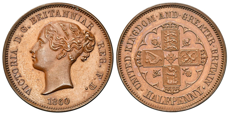 1085868 GREAT BRITAIN. Victoria. (Queen, 1837-1901). 1860 (c.1887) Bronzed Copper Halfpenny. NGC PR65BN (Brown.  Attributed to Lauer for Adolph Weyl. Young head, left / Cruciform shields with roses, thistle and shamrock in angles. Freeman 890 (R-1...