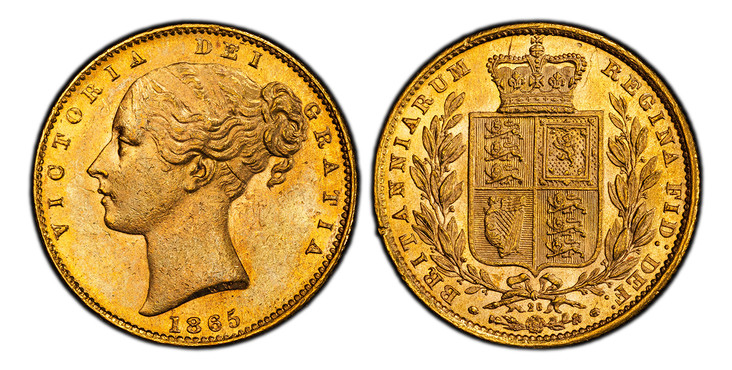 1086040 GREAT BRITAIN. Victoria. (Queen, 1837-1901). 1865 AV Sovereign. PCGS MS63.  VICTORIA DEI GRATIA. Head left / BRITANNIARUM REGINA FID: DEF:. Die number below wreath. KM 736.2; SCBC-3853.

Die #26.

Please use this link to verify the PCGS ce...