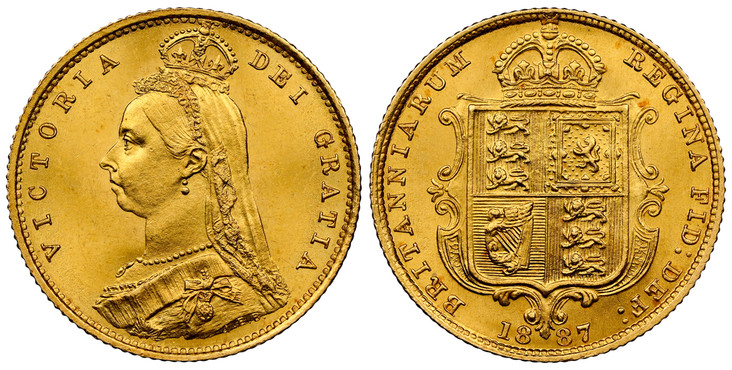 1080558 GREAT BRITAIN. Victoria. (Queen, 1837-1901). 1887 AV Half-Sovereign. NGC MS64.  VICTORIA DEI GRATIA. Jubilee head, bust left wearing small crown and veil / BRITANNIARUM REGINA FID: DEF:. Without die number. KM 766; SCBC-3869; Friedberg 393...
