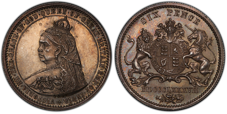 1084662 GREAT BRITAIN. Victoria. (Queen, 1837-1901). MDCCCLXXXVII (1887) AR Pattern Sixpence. PCGS PR63.  By Joseph Rochelle Thomas with Spink & Son. Edge: Reeded. +VICTORIA. BY. THE. GRACE. OF. GOD. QUEEN. OF. GREAT. BRITAIN. EMP: OF. INDIA. Crow...
