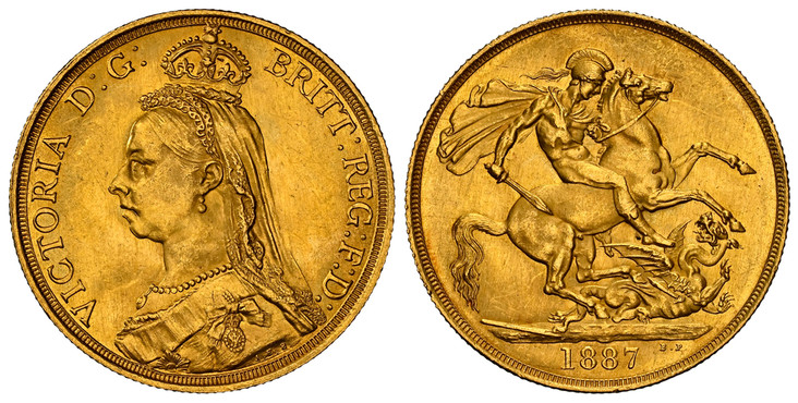 1084752 GREAT BRITAIN. Victoria. (Queen, 1837-1901). 1887 AV Two Pounds. NGC MS63.  VICTORIA D:G: BRITT: REG: F:D:. Bust left wearing small crown and veil / St. George slaying the dragon. KM 768; SCBC-3865; EGC-1317; Marsh T26.

Jubilee head.

Ple...
