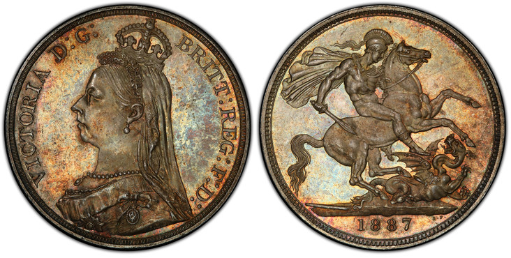 1085840 GREAT BRITAIN. Victoria. (Queen, 1837-1901). 1887 AR Crown. PCGS MS65.  London. Edge: Reeded. VICTORIA D:G: BRITT: REGINA: F:D:. Bust left wearing small crown and veil / St. George slaying dragon right. KM 765; SCBC-3921; Dav.-107.

Please...