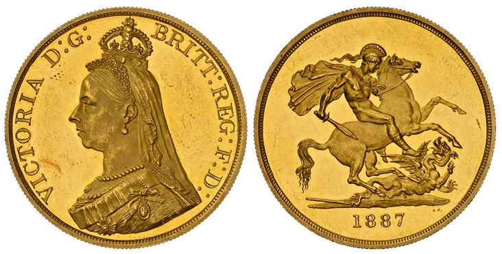 1086132 GREAT BRITAIN. Victoria. (Queen, 1837-1901). 1887 AV Five Pounds. NGC PR61UCAM (Ultra Cameo).  VICTORIA D:G: BRITT: REG: F:D:. Bust left wearing small crown and veil / St. George slaying the dragon right. KM 769. Proof.; SCBC-3864; EGC-130...