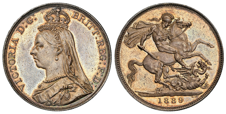 1085931 GREAT BRITAIN. Victoria. (Queen, 1837-1901). 1889 AR Crown. NGC MS63.  VICTORIA D:G: BRITT: REGINA: F:D:. Bust left wearing small crown and veil / St. George slaying dragon right. KM 765; SCBC-3921.

Please use this link to verify the NGC ...