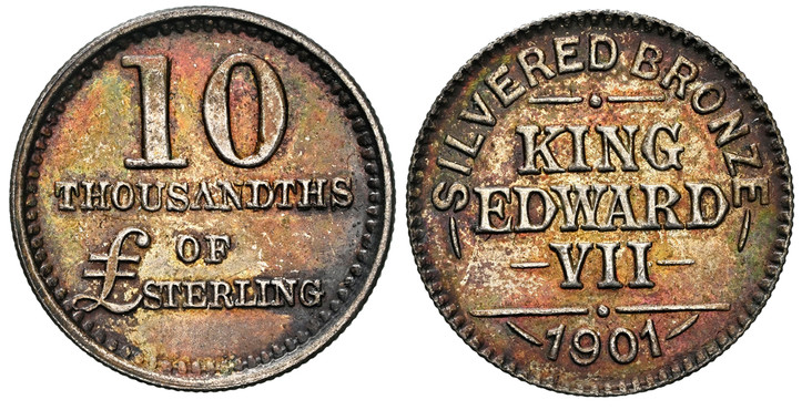 1085864 GREAT BRITAIN. Edward VII. (King, 1901-1910). 1901 Silvered AE Pattern One Ten Thousandth of a £ Sterling. NGC MS63.  17mm. 1.83gm. SILVERED BRONZE 1901 KING EDWARD VII. / 10 THOUSANDTH OF £ STERLING. Rogers 920 (RRR); ESC (Maurice Bull, P...