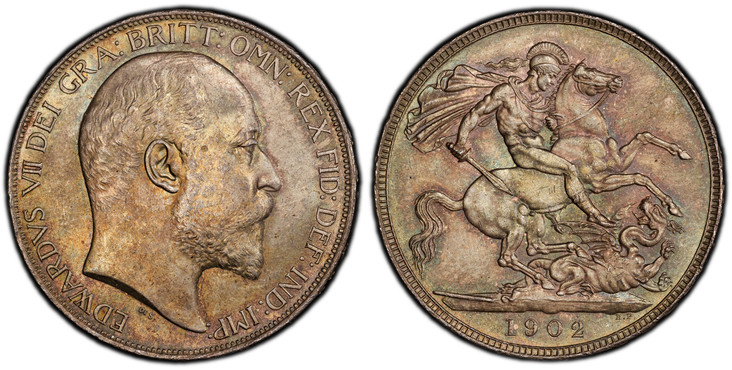 1084737 GREAT BRITAIN. Edward VII. (King, 1901-1910). 1902 AR Crown. PCGS MS64.  39mm. 28.23gm. Head right / St. George slaying the dragon. KM 803; SCBC-3978; ESC-3560 (Prev. ESC-361) .

Please use this link to verify the PCGS certification number...