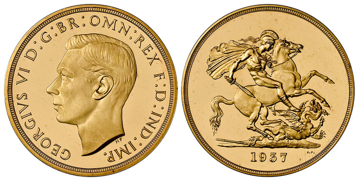 1085415 GREAT BRITAIN. George VI. (King, 1936-1952). 1937 AV Five Pounds. NGC PR66UCAM (Ultra Cameo).  Head left / St. George slaying the dragon. KM 861; SCBC-4074; W&R-435; Hill F40; Fr.-409.

From a mintage of just 5,001.

Please use this link t...