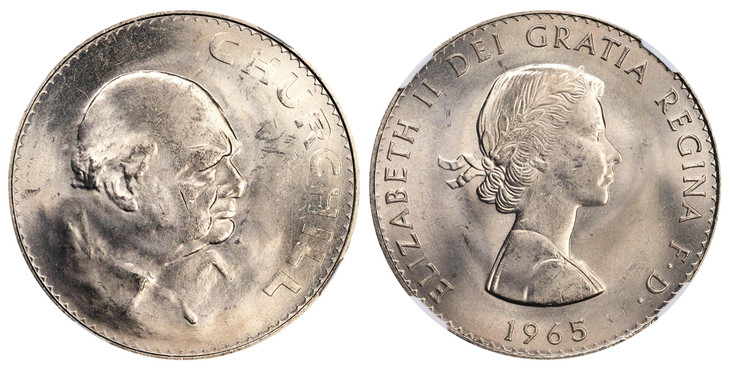1073353 GREAT BRITAIN. Elizabeth II. (Queen, 1952-2022). 1965 Copper-Nickel Crown. NGC MS64.  By Mary Gillick (Obv.) & Oscar Neman (Rev.). Edge: Reeded. Laureate bust right / CHURCHILL. Sir. Winston Churchill head right. KM 910. Specimen. Satin fi...