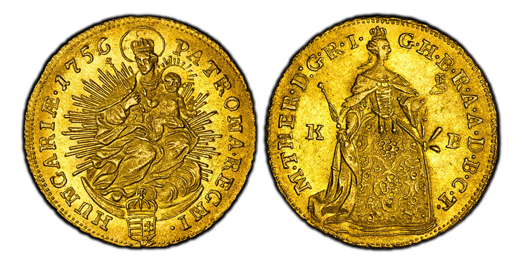 1085033 HUNGARY. Maria Theresia. (Holy Roman Empress, 1740-1780) . 1756-K-B AV Ducat. PCGS MS62.  Kremnitz. 3.49gm. M · THER · D · G · R · I · - G · H · B · R · A · A · D · B · C · T ·. Standing figure / PATRONA REGNI - HUNGARIÆ · date. Radiant Ma...