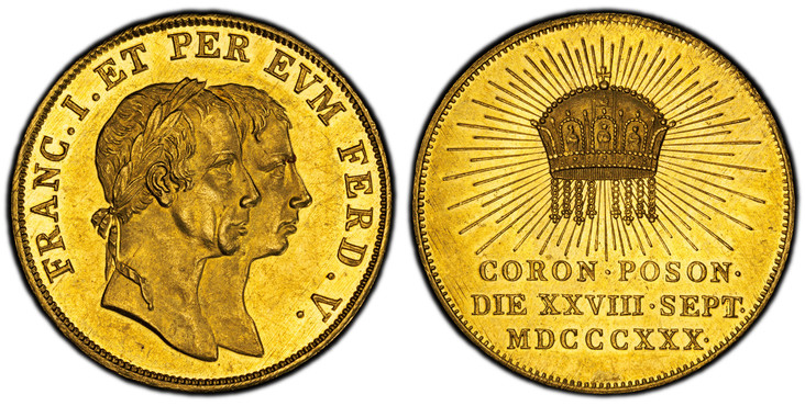 1082350 HUNGARY. Francis I. (Emperor, 1804-1835). 1830 AV Coronation Medal of 1 3/4 Ducats. PCGS MS62.  Edge: Plain. 24mm. 6.12gm. Conjoined busts of Franz I and his son Ferdinand, right / Radiant crown above inscription on three lines. Novak XVII...