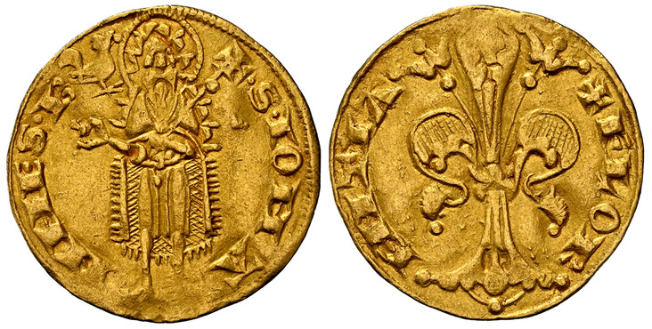 1084334 ITALIAN STATES. Florence. Republic of Florence. (Repubblica Fiorentina, 1115-1532). (1252-1422) ND (rooster) AV Fiorino d'Oro (Florin). NGC AU53.  3.40gm. •S•IOHA–NNES•B . St. John the Baptist standing facing holding a staff surmounted wit...