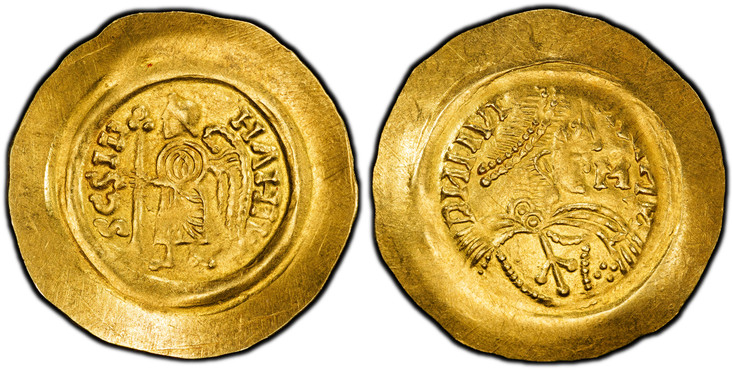 1085205 ITALIAN STATES. Lombardy-Tuscany. Liutprando (Luitbert). (700-701) ND AV Tremissis (1.31g). PCGS MS62.  1.31gm. Diademed bust right; "M" in field before face / SCSMI HΛHIL. St. Michael standing left holding long cross. Fr.-940; Medieval Eu...