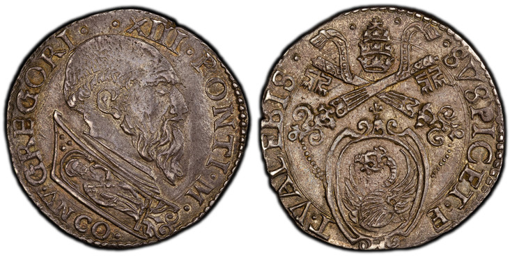 1083559 ITALIAN STATES. Papal States-Ancona. Gregory XIII. (Pontiff, 1572-1585). (1572-1585) ND AR Testone. PCGS AU58.  9,50gm. Testone, AR 9,50 g. GREGORI – XIII PONTI M/ ANCO. Bust, right; vestment decorated with figure of Saint Peter / ·SVSPICE...