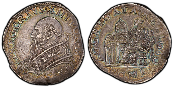 1083561 ITALIAN STATES. Papal States. Gregory XIII. (Pontiff, 1572-1585). Anno X (c.1582) AR Testone. PCGS AU55.  9.47gm. GREGORIVS XIII PON M. Bust, right, wearing decorated vestment; date A X and signature of Meo Neri and Orazio Spadio (mintmast...