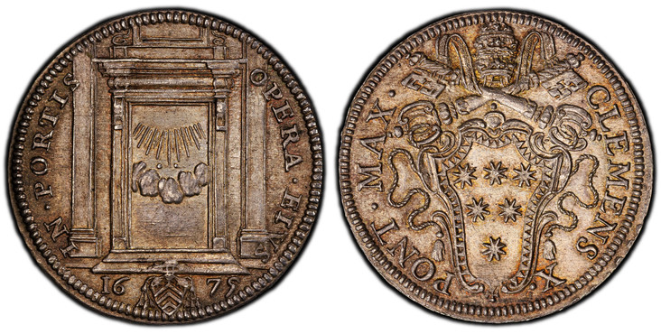1083562 ITALIAN STATES. Papal States. Clement X. 1675 AR Giulio. PCGS MS65.  3.19gm. CLEMENS X – PONT MAX. Papal tiara and crossed keys above shield of arms / IN PORTIS – OPERA EIUS. The Holy Door open; splendors revealed within; in exergue, famil...