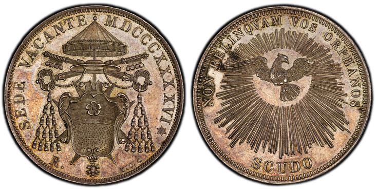 1083563 ITALIAN STATES. Papal States. MDCCCXXXXVI (1846)-R AR Scudo. PCGS MS63.  Rome. SEDE VACANTE... Cardinal arms / NON RELINQVAM... Radiant dove above value. KM 1335; Pagani 302; MIR 3114/1.

Sede Vacante issue.

Please use this link to verify...