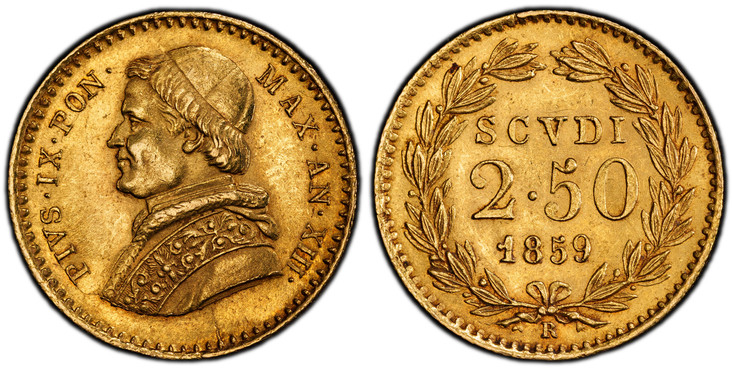 1083564 ITALIAN STATES. Papal States. Pius IX. 1859-XIII-R AV 2-1/2 Scudi. PCGS MS63.  Rome. PIVS.IX.PON... Bust left / Value and date within wreath. KM 1117; Berman 3306; Pagani 367; Fr.-273; MIR-6151/5.

Please use this link to verify the PCGS c...
