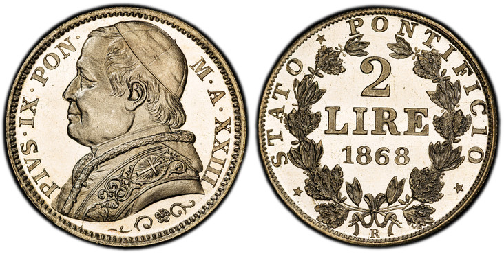 1084707 ITALIAN STATES. Papal States. Pius IX. 1868-XXIII-R AR 2 Lire. PCGS MS64PL (Prooflike).  Rome. PIUS IX PON.  M.  A... Bust left. KM 1379.3; Berman 3339.

In our opinion this is a proof or presentation striking.

Please use this link to ver...
