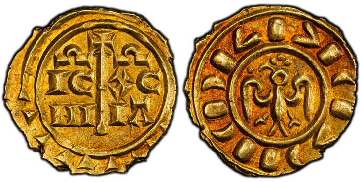 1083557 ITALIAN STATES. Sicily. Frederick of Hohenstaufen I. (King of Sicily, 1198-1250; the II as Emperor from 1220). (1209-1220) ND AV Tari. PCGS MS63.  Messina. 1.68gm. Stylized eagle facing left, with three globes above the head; globe to the ...