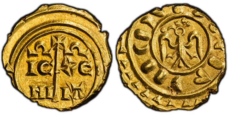 1083558 ITALIAN STATES. Sicily. Frederick of Hohenstaufen I. (King of Sicily, 1198-1250; the II as Emperor from 1220). (1209-1220) ND AV Tari. PCGS MS63.  Messina. 1.33gm. Stylized eagle facing left, with three globes above the head; globe to the ...