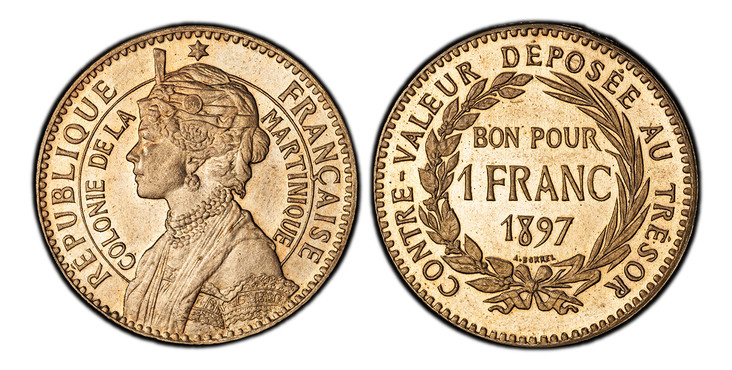 1085539 MARTINIQUE. 1897 Copper-Nickel Franc Piéfort Essai. PCGS SP64+ Cameo.  Paris. Edge: Plain. Bust left of Josephine (Napoleon's first wife, who was born on Martinique) within circle with star above / Value and date within wreath. KM PE4 (cf....