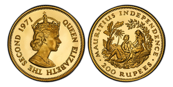 1084560 MAURITIUS. Elizabeth II. 1971 9 Piece Proof Set (Cent through 200 Rupees). PCGS PR66 - PR67DCAM (Deep Cameo) - RD (Red) Cameo.  London or Llantrisant Mint. KM PS2.

From a mintage of 750 sets issued for the date.

Please use these links to...