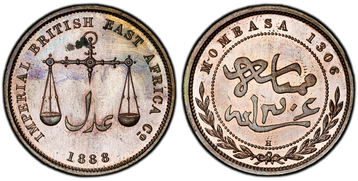 1085542 MOMBASA. AH 1306//1888-H AE Pice. PCGS SP64BN (Brown).  Birmingham (Heaton) Mint. IMPERIAL BRITISH EAST AFRICA Co. Medium letters, scales above date / Medium letters, text within beaded circle above sprays, MOMBASA and date above. KM 1.5.
...