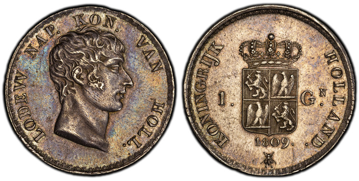 1085194 NETHERLANDS. 1809-(bee) AR Gulden. PCGS MS63.  Utrecht. Edge: DE NAAM DES HEEREN ZY GELOOFD. LODEW. NAP. KON. VAN HOLL. Head right / KONINGRIJK  HOLLAND. Crowned 4-fold arms divides value, date below. KM 31; Scholten 154.

Please use this ...