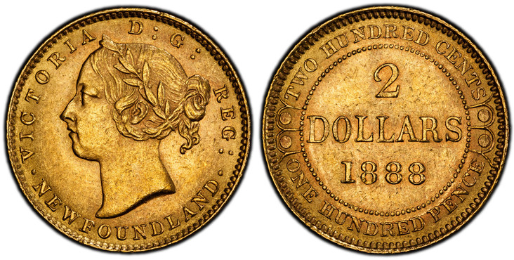 1084431 NEWFOUNDLAND. Victoria. (Queen, 1837-1901). 1888 AV 2 Dollars. PCGS MS62.  London mint. VICTORIA  D: G:  REG: / NEWFOUNDLAND. Laureate head left / Denomination and date within  circle. KM 5; Fr.-1.

Please use this link to verify the PCGS ...