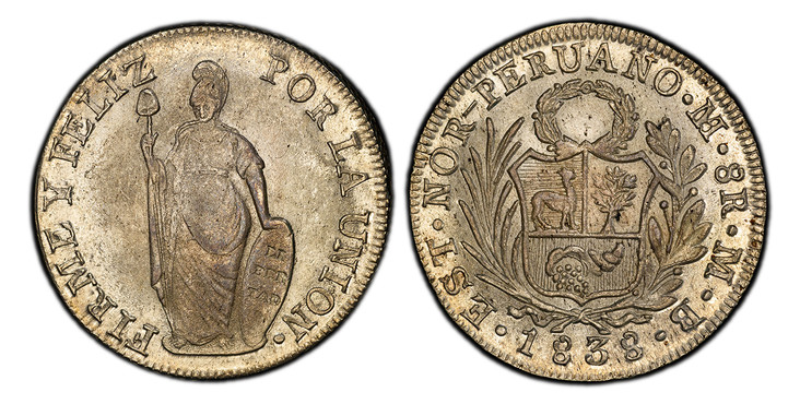 1085475 PERU. North Peru. 1838-LIMAE MB AR 8 Reales. PCGS MS63.  Lima. EST.NOR-PERUANO... Medium wreath above arms within sprigs, date below / FIRME Y FELIZ... Standing Liberty. KM 155.

State Coinage.
Housed in an old PCGS holder (green label).

...