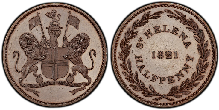 1084026 SAINT HELENA & ASCENSION. 1821 Bronzed AE 1/2 Penny. PCGS PR65BN (Brown).  Birmingham mint. Lion supporters with helmeted shield of arms and raised standards / Date and denomination within wreath. KM A4a. Proof; Vice 3A.

Please use this l...