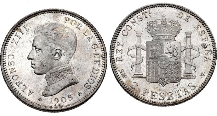 1085845 SPAIN. Alfonso XIII. 1905 (05)-(6-pointed star) SM-V AR 2 Pesetas. NGC MS65.  Head left / Crowned shield flanked by pillars with banner. KM 725.
Ex R. L Lissner Collection. 

Please use this link to verify the NGC certification number <a h...