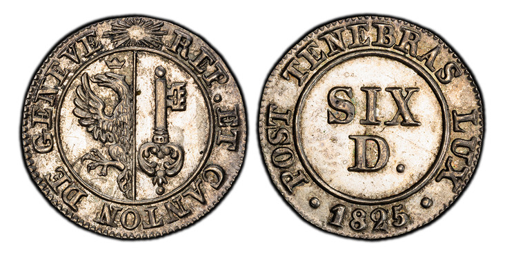 1083450 SWISS CANTONS. Geneva. 1825 AR Pattern or Essai 6 Deniers. PCGS SP64.  0.83gm. REP ET CANTON DE GENEVE. Arms within beaded circle / POST TENEBRAS LUX. Value within beaded circle. KM 118; HMZ 2-360c Anm; Richter (Proben) 1-447; D.T. 276b va...