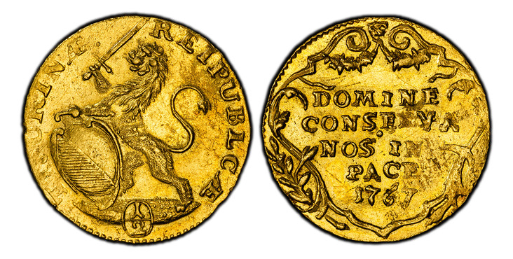 1085546 SWISS CANTONS. Zurich. 1767 AV 1/2 Ducat. PCGS MS61.  RESPUBLICÆ TICURINÆ ·. Oval arms of Zurich supported by rampant lion at right / DOMINE / CONSERVA / NOS IN / PACE ·. Inscription, date within ornamented cartouche. KM 139; Fr.-487A.

Pl...