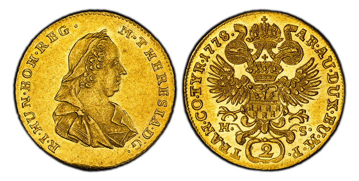 1085032 TRANSYLVANIA. Maria Theresia. (Holy Roman Empress, 1740-1780) . 1778 H-S AV 2 Ducats. PCGS AU58.  Karlsburg. 6.97gm. M · THERESIA · D : G · ... Veiled bust of Maria Theresa right / TRAN · CO · TYR · 1776 · AR · AU · DUX · BU · M · P ·. Cro...
