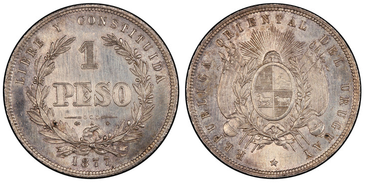 1086127 URUGUAY. 1877-A AR 4 Piece Specimen Set (Peso; 10; 20; 50 Centesimos). PCGS SP66- SP63.  Paris. REPUBLICA ORIENTAL DEL URUGUAY  *. Flagged arms within sprigs, star below, radiant face above / LIBRE Y CONSTITUIDA. Value within wreath, date ...