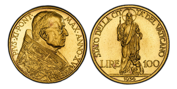 1083547 VATICAN CITY. Pius XI. (Pontiff, 1922-1939). 1936/XV AV 100 Lire. PCGS MS64.  Rome. 5.22gm. Bust right / Standing Jesus facing with child at feet. KM 10; Friedberg 285; Pagani 619; Bolanzo Vatican 10; Gigante 8; Montenegro 428.

Please use...