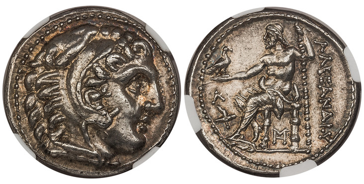 1086557 GREEK. KINGDOM OF MACEDON. Alexander III, 'the Great'. (King, 336-323 BC). Early posthumous issue. AR Tetradrachm. NGC MS✭ (Mint State ✭) Strike 5/5 Surface 4/5.  Amphipolis. Head of Heracles wearing lionskin headress to right / Zeus Aëtop...