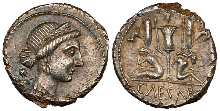 1086558 ROMAN IMPERATORIAL.  Julius Caesar. (Dictator, d. 44 BC). Struck circa 46-45 BC. AR Denarius. NGC Ch. AU (Choice About Uncirculated) Strike 4/5 Surface 5/5.  Military mint traveling with Caesar in Spain. 17mm. 3.87gm. Bust of Venus right, ...