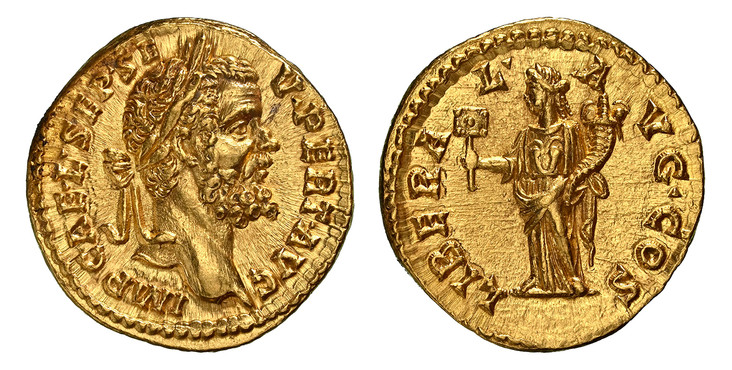 1085146 ROMAN IMPERIAL.  Septimius Severus. (Emperor, 193-211 AD). Struck 193-194 AD. AV Aureus. NGC Ch. AU✭ (Choice About Uncirculated ✭) Strike 5/5 Surface 5/5.  Rome. 20mm. 7.24gm. IMP CAE•L•SEP•SE-V•PERT•AVG. Laureate head, right / LIBERA-L • ...