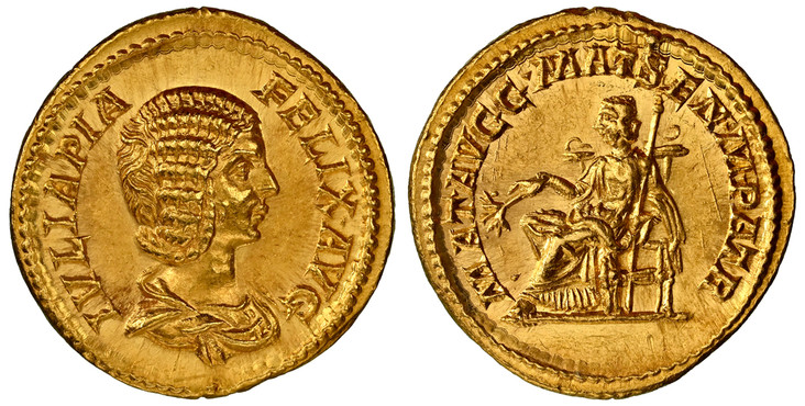 1085706 ROMAN IMPERIAL.  Julia Domna. (Wife of Septimus Severus, 193-217 AD). Struck 211-217 AD. AV Aureus. NGC Ch. AU (Choice About Uncirculated) Strike 5/5 Surface 5/5.  7.22gm. IVLIAPIA – FELIX AVG. Draped bust, right / MAT AVGG MATSEN M PATR. ...