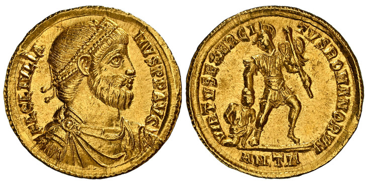 1085147 ROMAN IMPERIAL.  Julian II. (Emperor, 360-363 AD). Struck 361-363 AD. AV Solidus. NGC Ch. AU (Choice About Uncirculated) Strike 5/5 Surface 4/5.  Antioch. 21mm. 4.53gm. FL CL IVLIANVS PF AVG. Diademed, draped and cuirassed bust right / VIR...