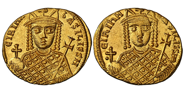 1086560 BYZANTINE.  Irene. (Empress Regnant, 797-802 AD). Struck 797-802 AD. AV Solidus. NGC MS (Mint State) Strike 4/5 Surface 5/5.  Constantinople. 20mm. 4.38gm. ЄIRIhH-bASILISSH. Bust of Irene facing, wearing loros and crown with pendilia, two ...