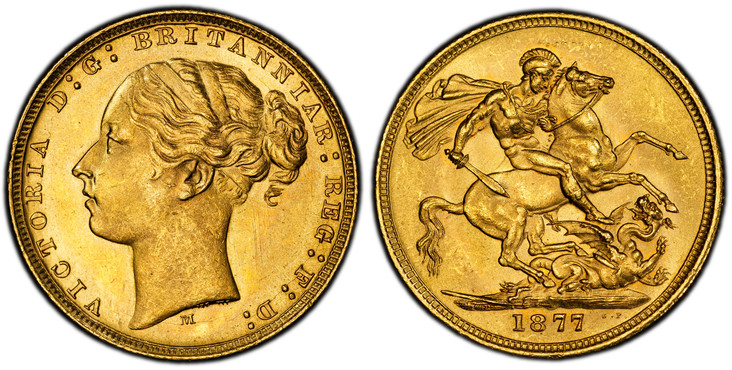 1084783 AUSTRALIA. Victoria. (Queen, 1837-1901). 1877-M AV Sovereign. PCGS MS65.  Melbourne. 7.98gm. Young head, left; raised initials W.W. on truncation and mint mark below / St. George slaying dragon. KM 7; SCBC-3857; Marsh 99; McD 154.

Please ...