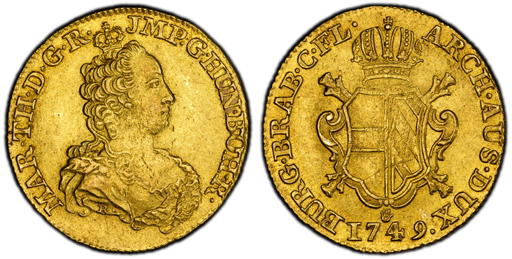 1085637 AUSTRIAN NETHERLANDS. Maria Theresa. 1749-(hand) R AV 2 Souverain d'Or. PCGS MS62.  By Jacques Roëttiers. Bruges. 27mm. 11.09gm. Crowned bust right / Crowned arms with mint mark and date below. KM 11; Delmonte 208; VH 807; Witte 1112.

Ple...
