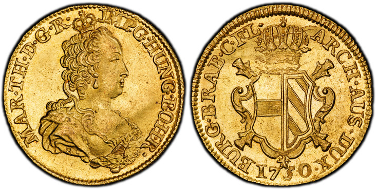 1085644 AUSTRIAN NETHERLANDS. Maria Theresa. 1750-(lion) R AV 2 Souverain d'Or. PCGS MS63.  By Jacques Roëttiers. Bruges. 27mm. 11.12gm. Crowned bust right / Crowned arms with mm and date below. KM 11; Delmonte 569; VH 807.

Superb and exceptional...