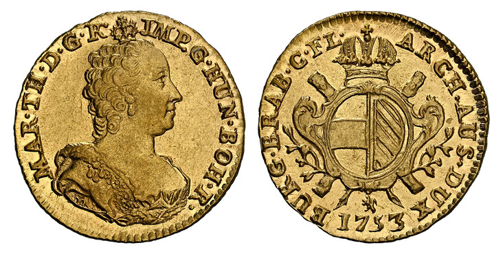1085645 AUSTRIAN NETHERLANDS. Maria Theresa. 1753-(lion) R AV Souverain d'Or. NGC AU58.  By Jacques Roëttiers. Bruges. 5.56gm. MAR · TH · D: G · R · IMP · G · HUN · BOH · R ·. Bust with décolletage right / Crowned arms. KM 17; Delmonte 571; VH 810...