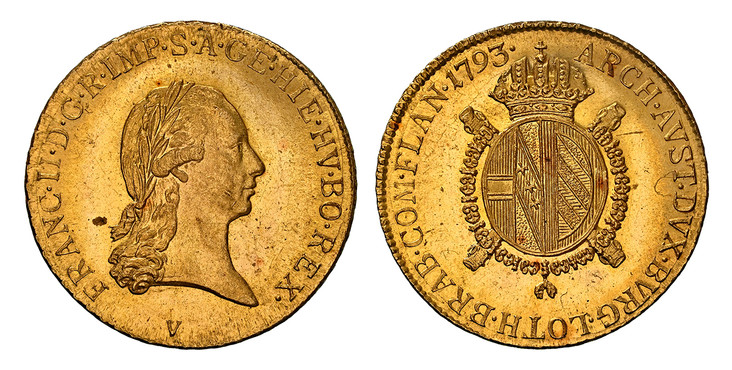 1085039 AUSTRIAN NETHERLANDS. Franz II. 1793-V AV 1/2 Souverain d'Or. NGC MS63.  5.59gm. FRANC · II ·  D · G ·  R · IMP ·  S · A · GE · HIE · HV · BO · REX ·. Head right / ARCH · AVST · DVX · BVRG · LOTH · BRAB · COM · FLAN ·. Crowned arms within ...